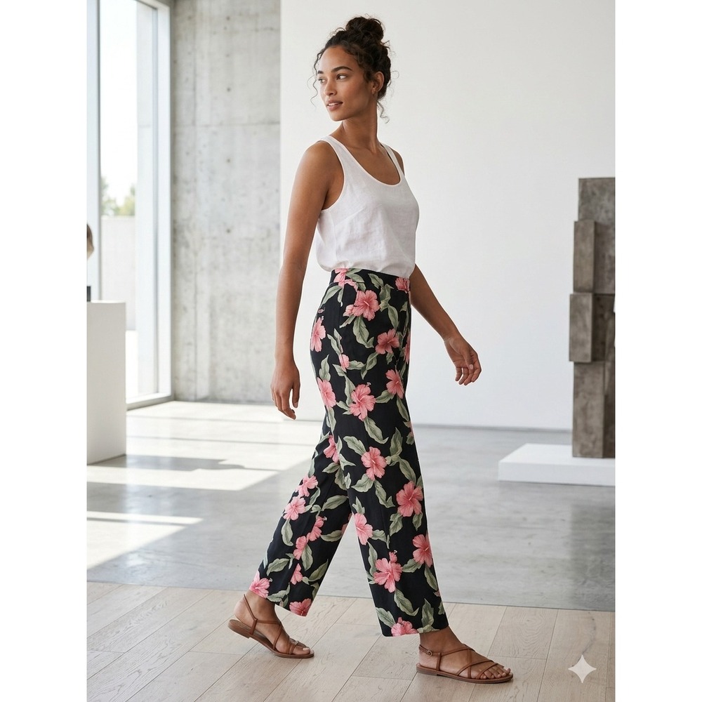 Tommy Bahama Womens Silk Hibiscus Floral Print Pants Black Pink Tropical 10